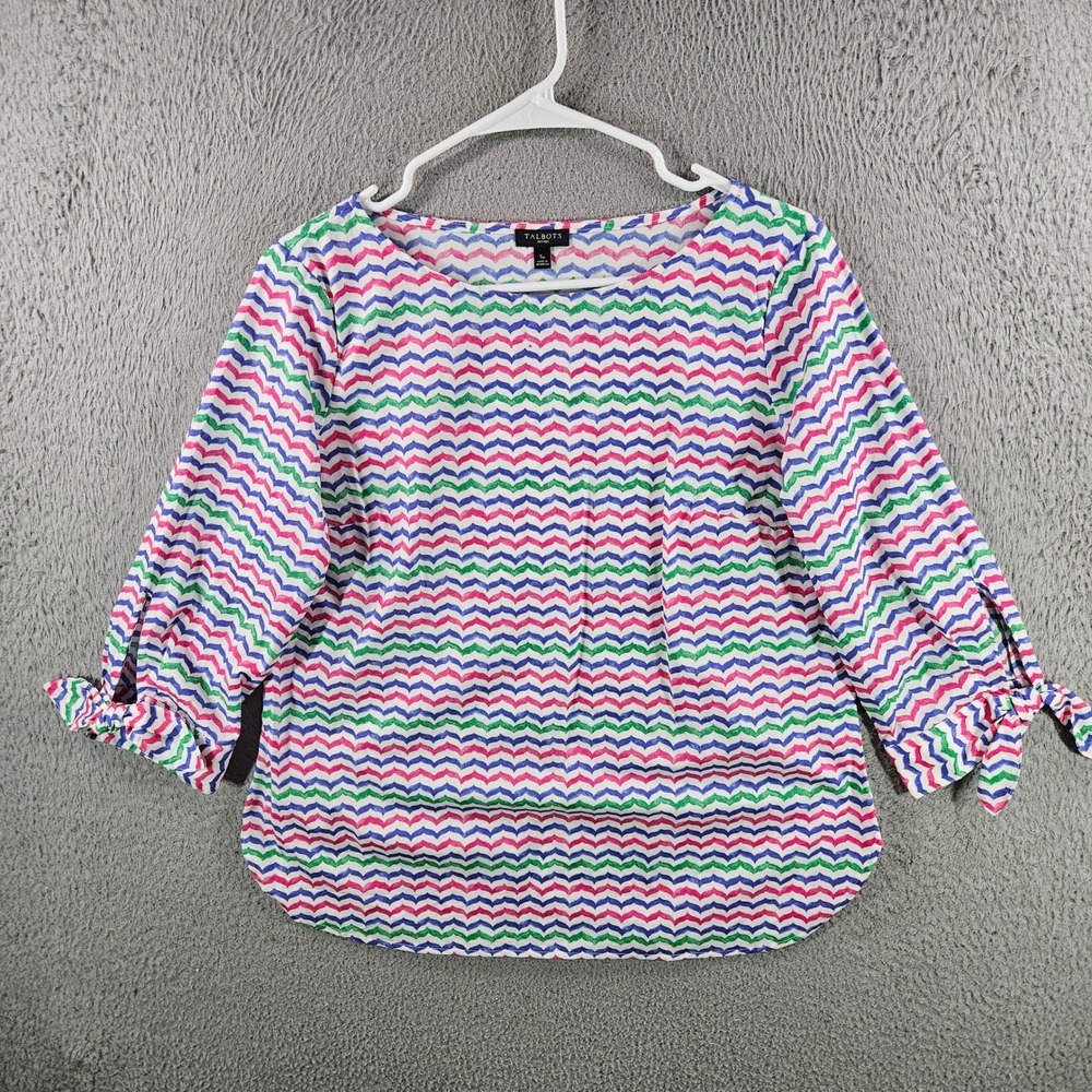 Talbots Petites Womens SP Multi Color‎ Chevron Tie Cuff Cotton Blouse Top